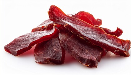 delicious beef jerky pieces isolated on white background