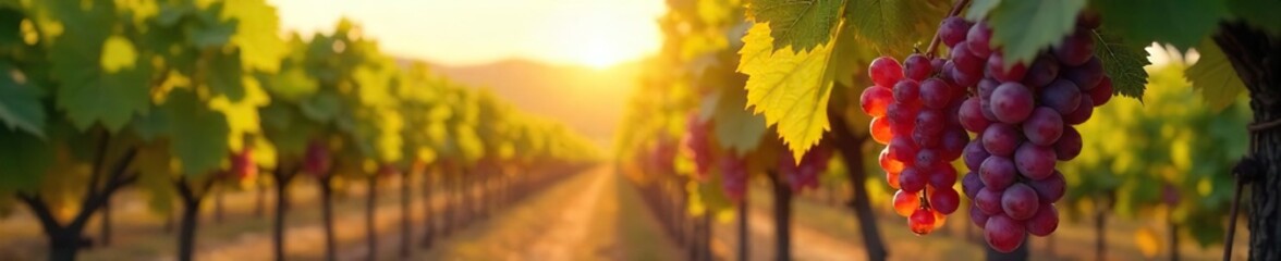 Sun-drenched vineyard bursting with ripe, ready-to-harvest grapes hanging heavy on the vines A picturesque autumn scene of abundant harvest , bountiful, golden
