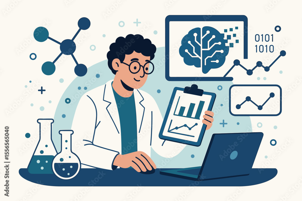 Poster scientist in laboratory analyzing statistical data. man in lab coat holds chart. research, science, 