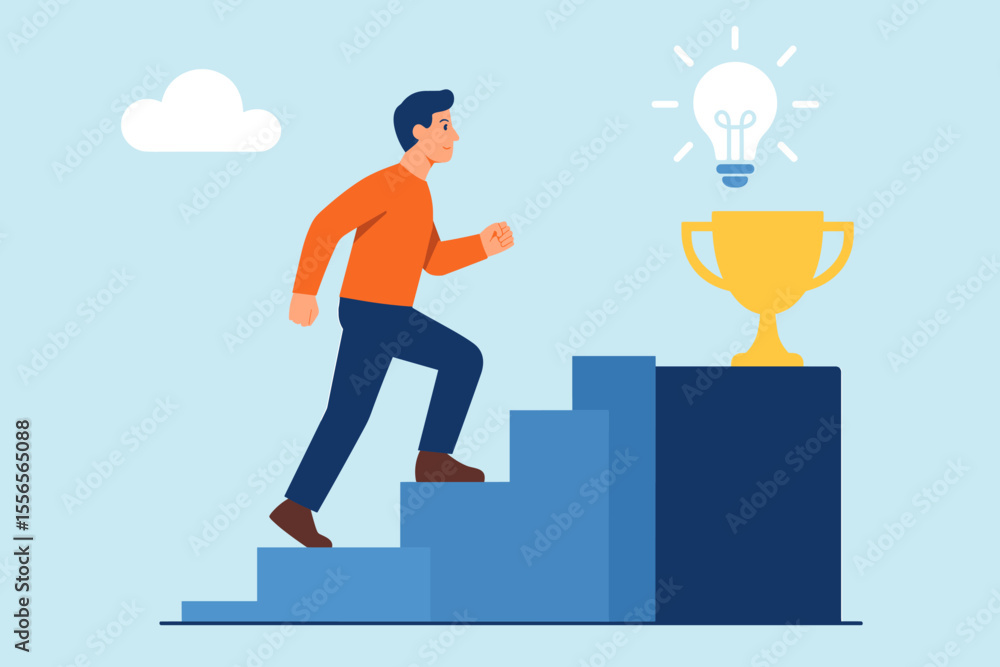 Poster man walking up stairs to success. career path and development concept. businessman climbing step by 