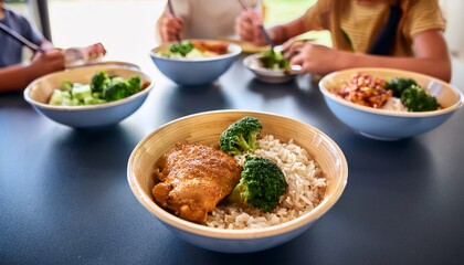 school cafeteria with students enjoying rice bowls featuring brown rice chicken and broccoli