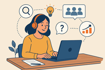 Remote Work Online Assistant Collaboration Concept. Virtual Manager at Laptop with Headset. Teamwork, Idea Generation, Network Promotion, Problem Solving, Search for Solutions, Business Growth