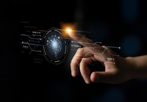 AI artificial intelligence with digital brain and connected data circuit. AI core processes data, AI core drives intelligence, enables connection, and AI core powers smart digital systems. Latch - Powered by Adobe