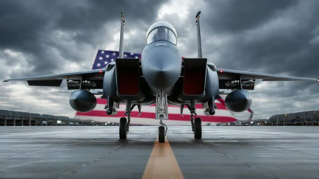 Military jet fighter on runway at sunset with American flag in background US Air Force aircraft ready for mission defense concept