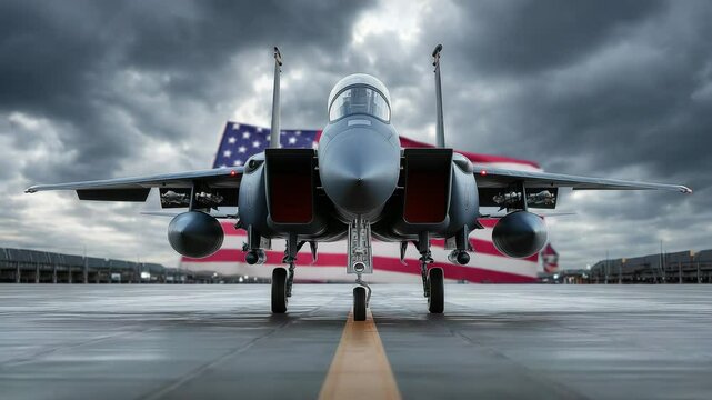 Military jet fighter on runway at sunset with American flag in background US Air Force aircraft ready for mission defense concept