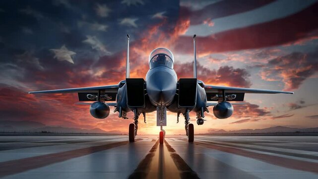 Military jet fighter on runway at sunset with American flag in background US Air Force aircraft ready for mission defense concept