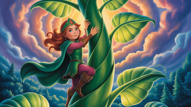 A child climbs a giant beanstalk, a fantastical journey begins.
