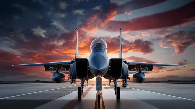 Military jet fighter on runway at sunset with American flag in background US Air Force aircraft ready for mission defense concept