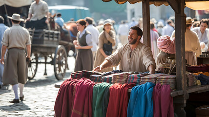 Fototapeta premium A man sells fabrics in a bustling marketplace. 