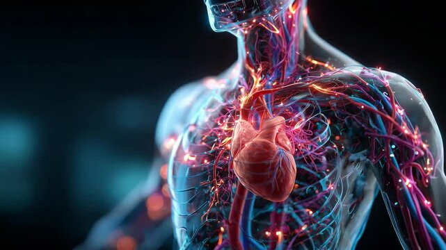 3D illustration of human circulatory system showing the heart arteries and veins with glowing neural connections in a transparent upper body on dark background