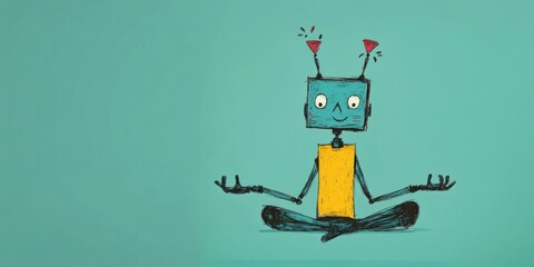 A delightful and colorful design showcasing a meditating robot that embodies serenity and joy