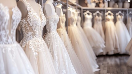 Elegant wedding dress shop featuring stylish contemporary bridal gowns adorned with delicate lace and intricate detailing in a chic and modern boutique setting
