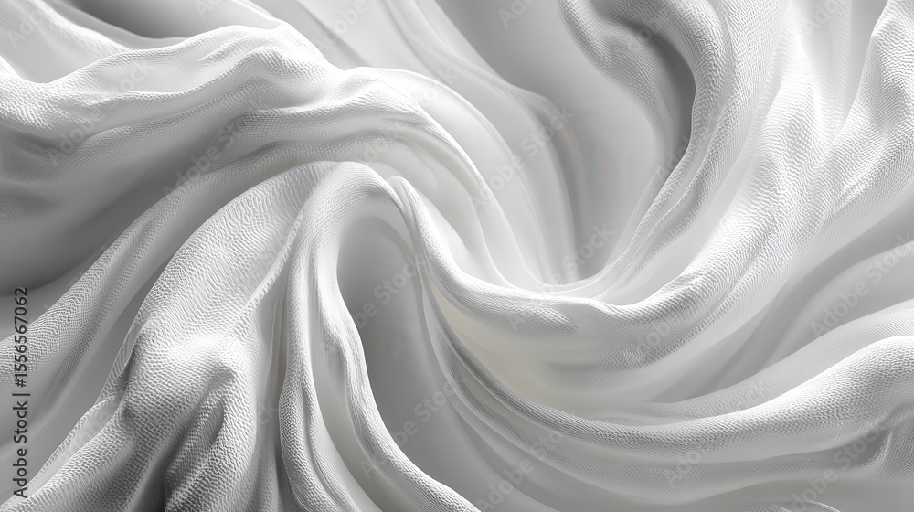 Poster White textured fabric with flowing and swirled shapes, resembling soft waves, in a light and airy studio environment