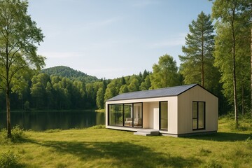 Modern modular home with large panoramic windows in green forest by mountain lake. Concept of sustainable living, eco architecture, prefabricated house, off grid lifestyle, nature retreat