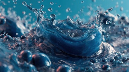 Abstract blue water wave with golden spheres creating a dynamic artistic composition