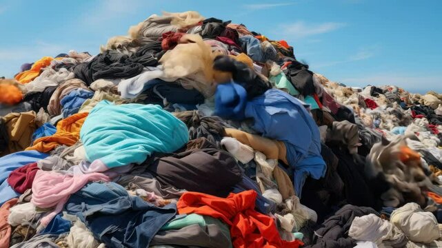 A wide-angle shot of a large pile of discarded clothes in a desert landscape, highlighting environmental issues. Ideal for an awareness video.