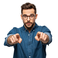 Man Pointing CloseUp Portrait Professional Confident and Focused on transparent Background