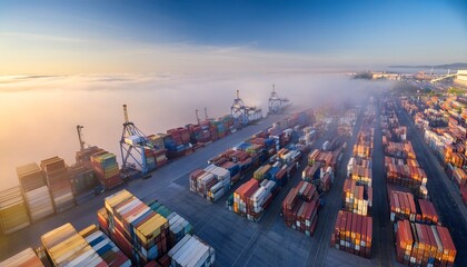 Obraz premium shipping containers arranged in geometric patterns viewed from high angle in industrial logistics hub surrounded by soft morning fog for atmospheric global trade concept