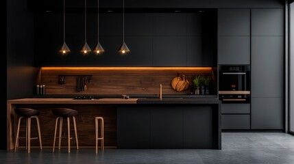 Modern dark kitchen with wood accents (1)