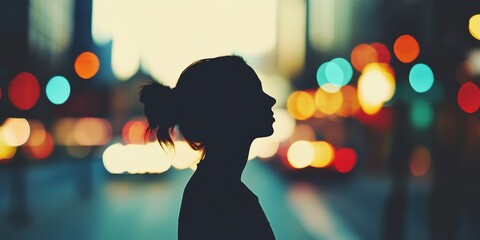 A Silhouette of a Woman Standing Gracefully Against a Blurry Urban Background Scene