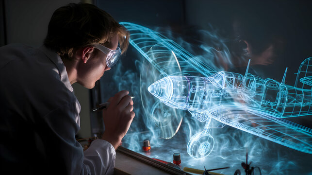 Aerospace engineer examining holographic aircraft projection   -