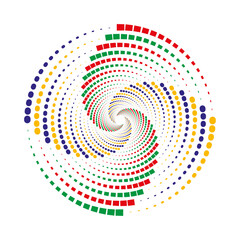 Colorful Spiral Dots and Squares Pattern. Abstract Vibrant Concentric Circles Design. Perfect for backgrounds, graphic elements, technology-related themes, or contemporary art projects.
