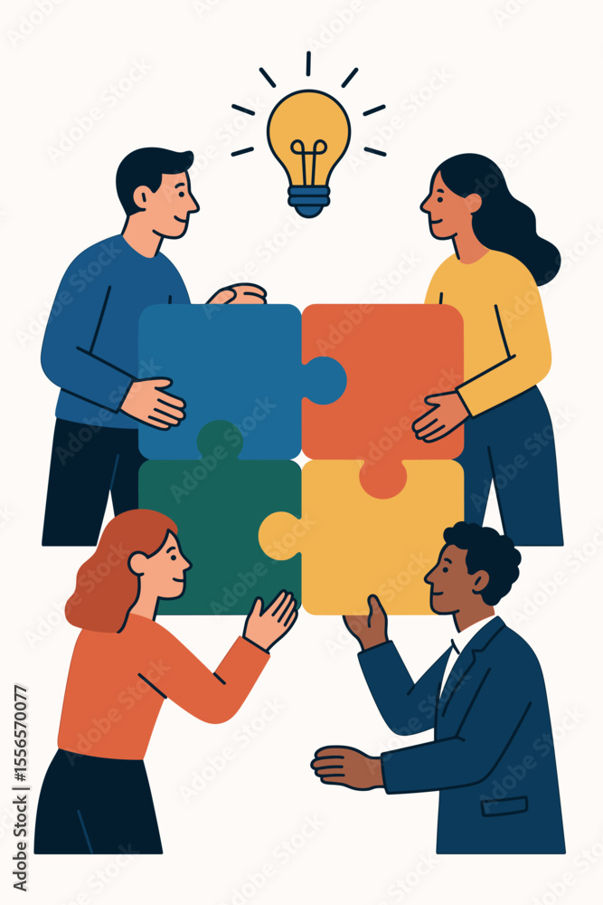 Poster teamwork concept with a diverse group of people connecting puzzle pieces. metaphor for collaboration