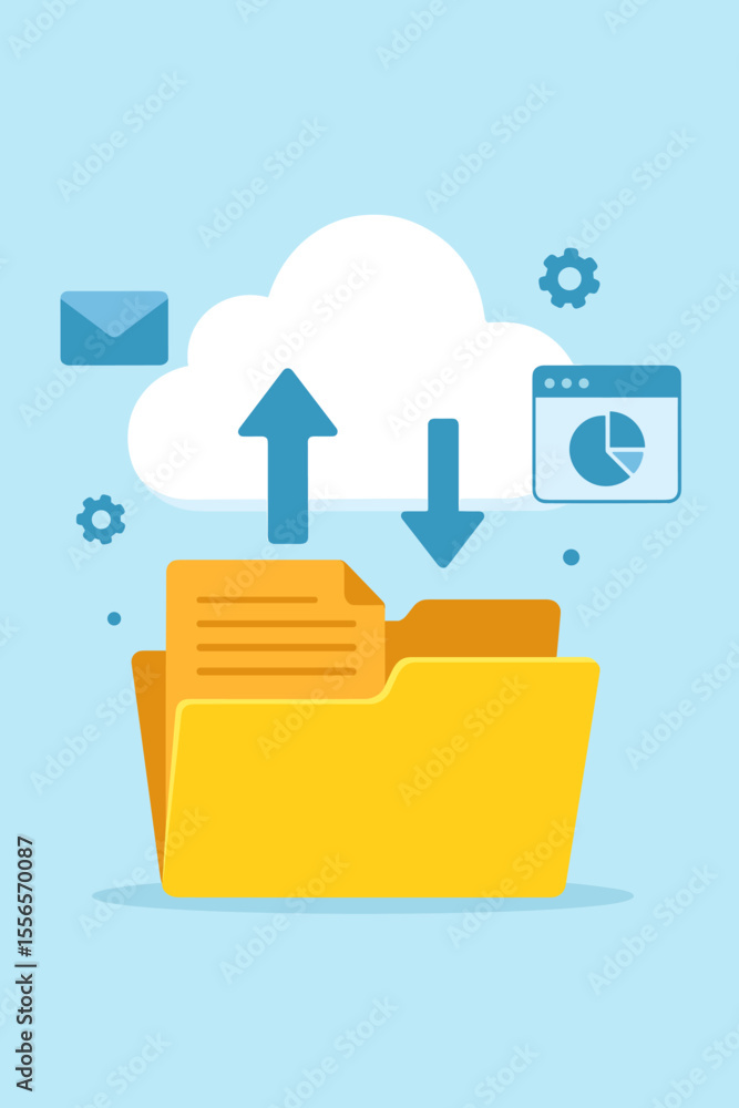 Aufkleber cloud data management and storage technology concept. vector illustration of file transfer, online b