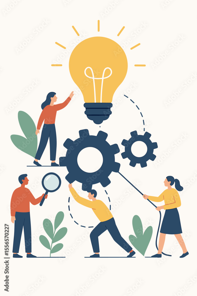 Poster teamwork concept with people working on new idea. business team collaboration, brainstorming and inn