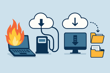 Disaster recovery concept illustration. Data backup from a crashed, burning laptop. Transferring files to cloud storage. Information migration, download and restoration. Vector.