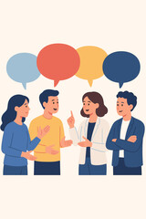 Group of diverse people discussing ideas, brainstorming, teamwork, collaboration, meeting, sharing opinions, conversation with colorful speech bubbles, business communication, office discussion