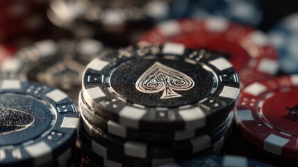 Close-up of poker chips stacked on a table with a black casino chip in front featuring the word casino printed on it