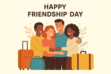 Happy Friendship Day celebration with diverse group of friends hugging, travel suitcases, togetherness, multicultural people, holiday vacation, friendship bonding, joyful gathering vector illustration