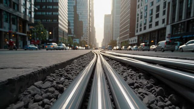 Metal pipes lie exposed in a gravel bed along a city street, suggesting ongoing construction or maintenance work within a bustling urban environment