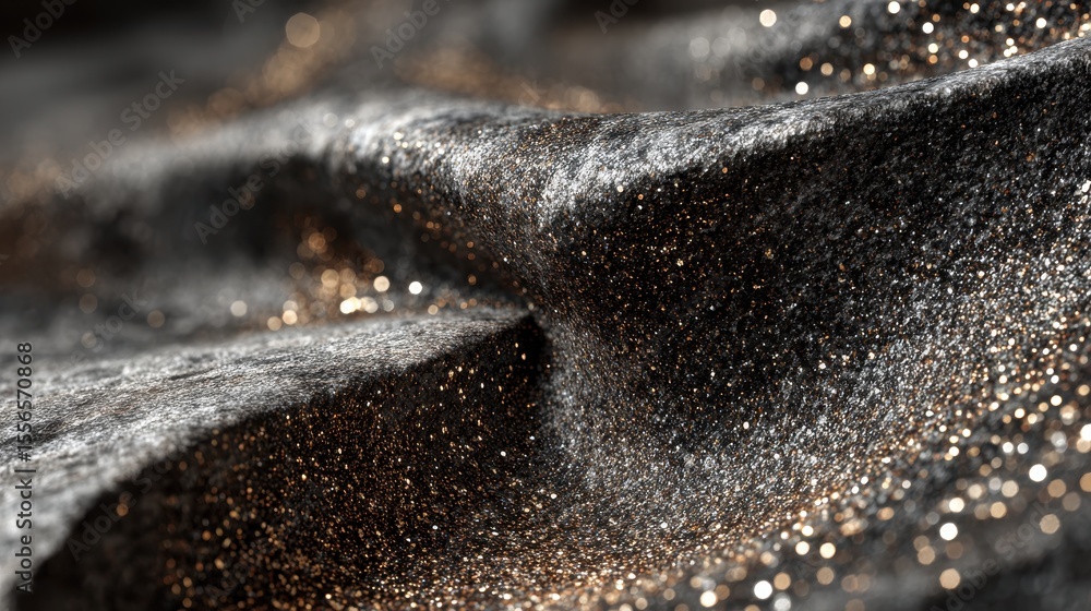 Poster dark fabric texture with gold sparkles and folds creating shadows and highlights for a luxurious eff
