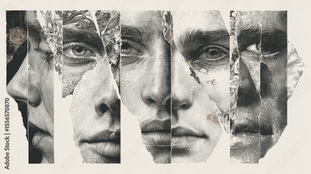 Poster Distorted human face black and white drawing with varied textures and expressions on an off-white background