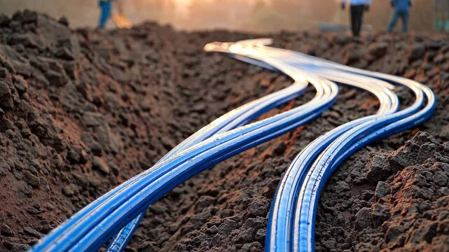 Multiple blue fiber optic cables lie in a freshly dug trench in the ground, illuminated by the warm glow of the setting sun, potentially during a network infrastructure installation project