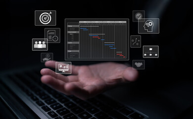 Project management dashboard showing timeline, tasks, milestones, and workflows for planning,...