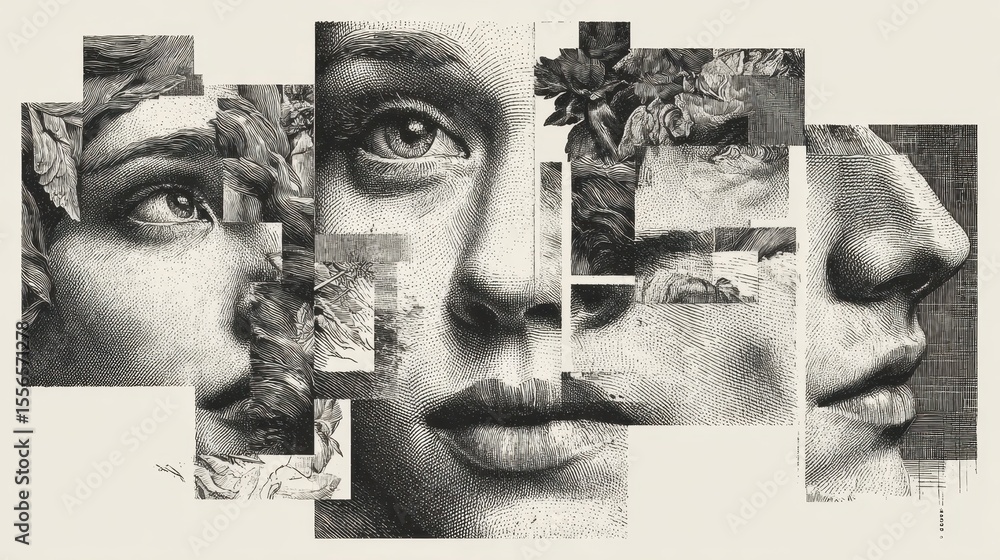 Poster Distorted human face black and white drawing with varied textures and expressions on an off-white background