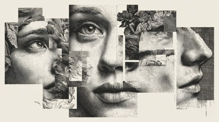 Distorted human face black and white drawing with varied textures and expressions on an off-white background