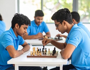 High school students engage in a thoughtful chess match in a bright classroom. Focused and competitive, they demonstrate strategic thinking and teamwork during a club activity
