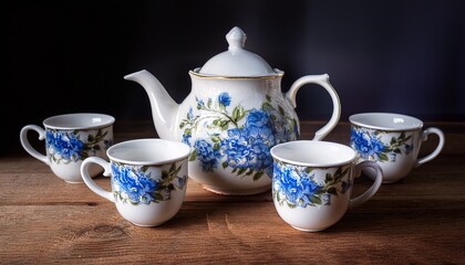 Fototapeta premium still life of a white teapot with blue floral designs and matching teacups on a wooden surface