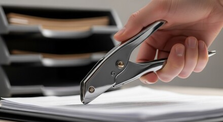 A hand using a stapler to secure a stack of white paper sheets, close-up view.