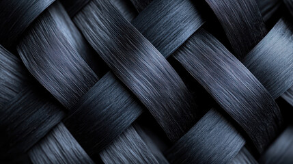 Close up of woven black synthetic fibers showing detailed texture and pattern, emphasizing intricate craftsmanship and smooth surface, evoking sense of strength and durability