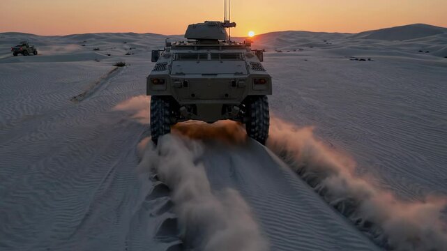 Armored military vehicle traversing sandy desert dunes, generating dust cloud during sunset, demonstrating tactical mobility and operational capabilities in challenging terrain