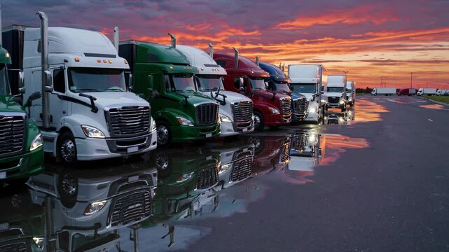 Multiple colorful semi trucks are parked in a row at sunset, their reflections shimmering in a puddle on the asphalt, creating a vibrant and peaceful scene