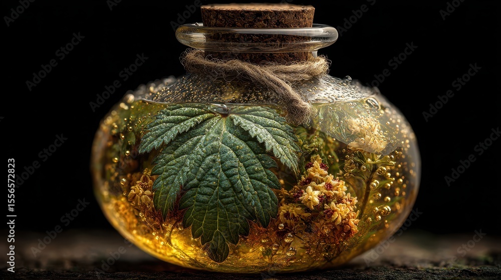 Poster Glass jar containing botanical elements and golden particles creating a decorative and artistic composition with shallow depth of field