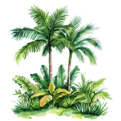 Fototapeta premium Tropical Island Lush Greenery, watercolor clipart vector, isolated on a white background.
