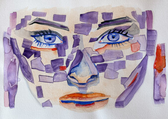 Abstract watercolor portrait of woman face with blue eyes and purple geometric patterns. Hand-painted watercolor
