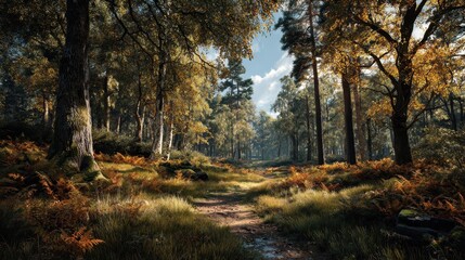 Fototapeta premium Idyllic path cuts through the colorful autumnal forest on a sunny day, leading into the vibrant woods with a small puddle reflecting the clear blue sky above